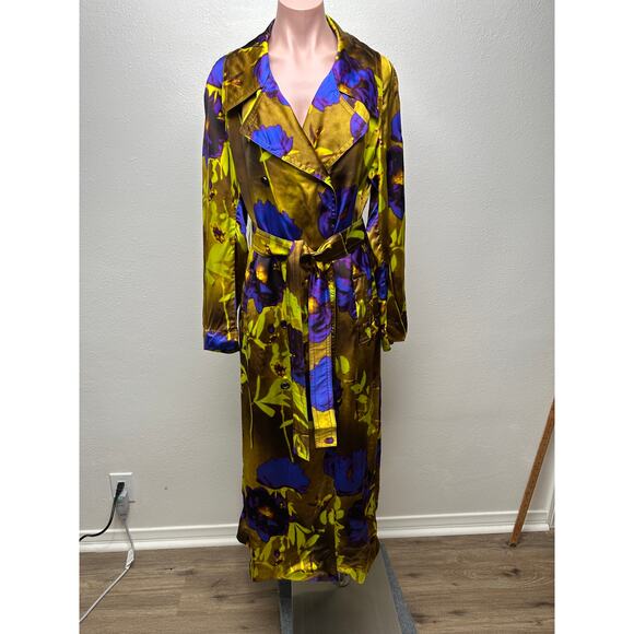 Dries Van Noten floral satin trench coat yellow women US 8 double-breasted - Picture 5 of 16